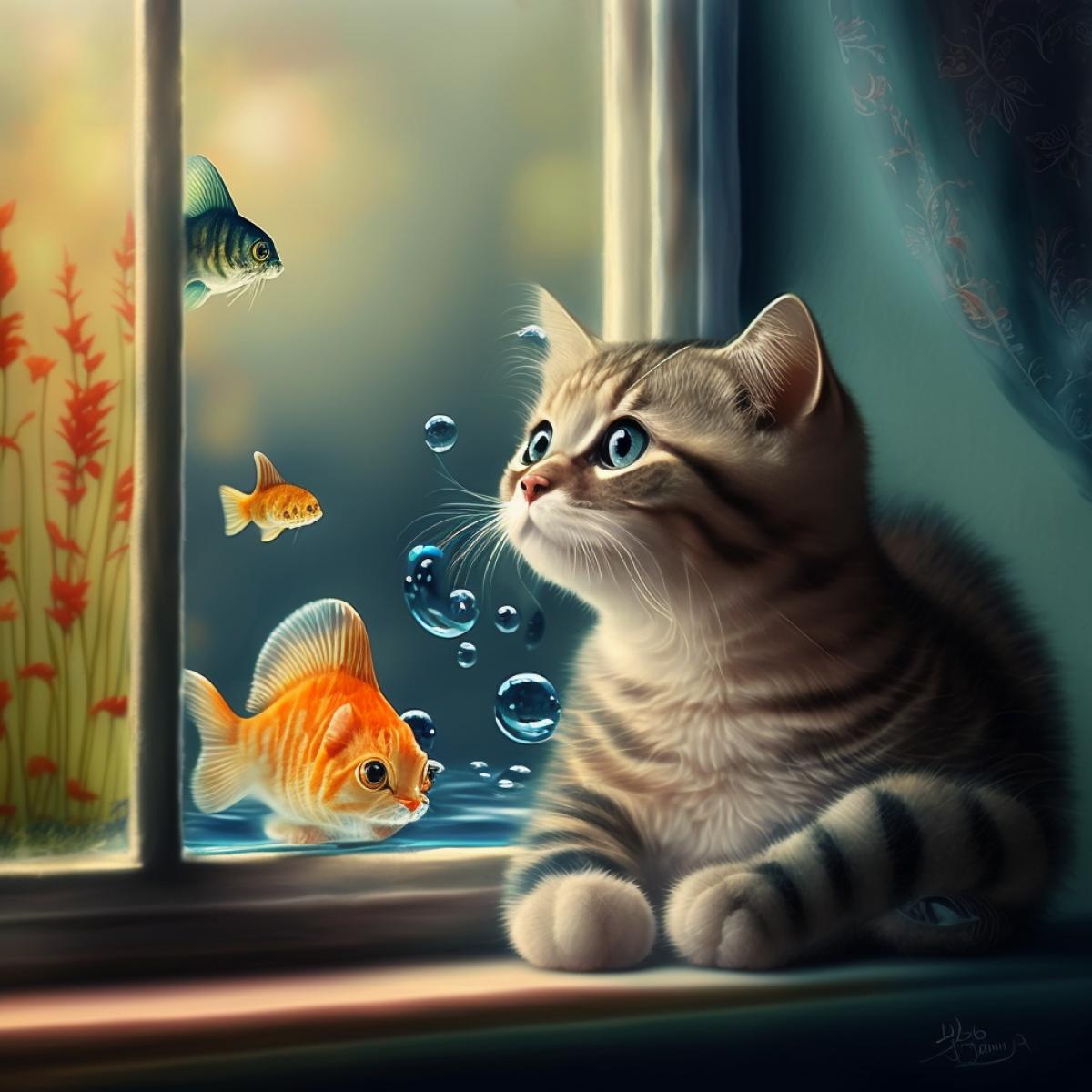 A charming kitten sits on the windowsill and looks out the window with curiosity. Outside the window there is water and beautiful fish swimming.
