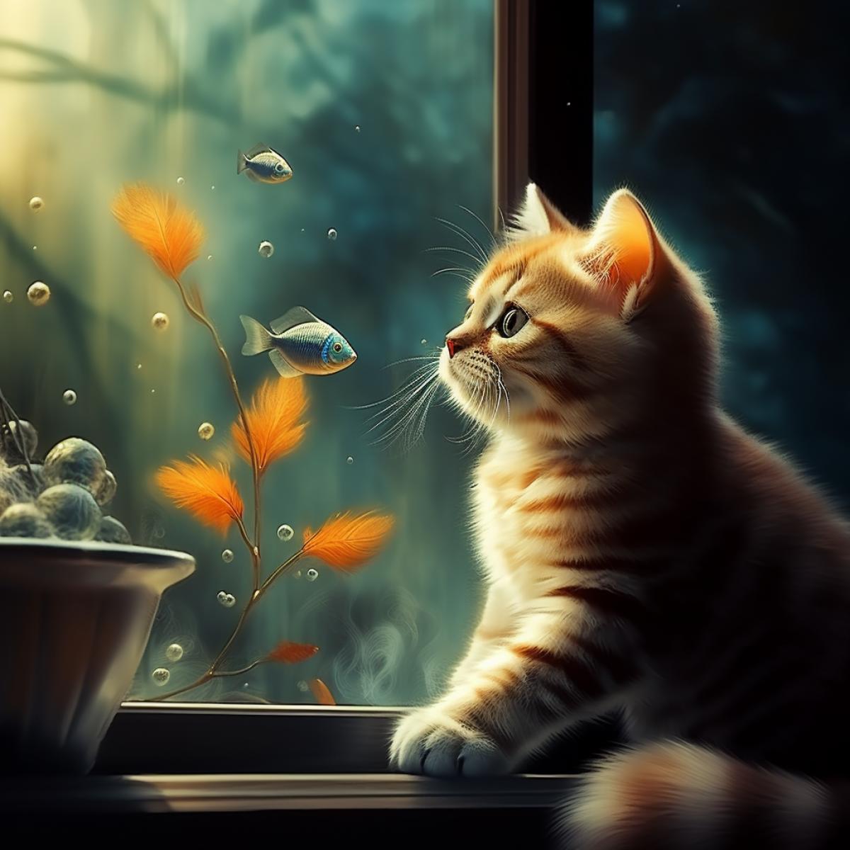 A charming kitten sits on the windowsill and looks out the window with curiosity. Outside the window there is water and beautiful fish swimming.