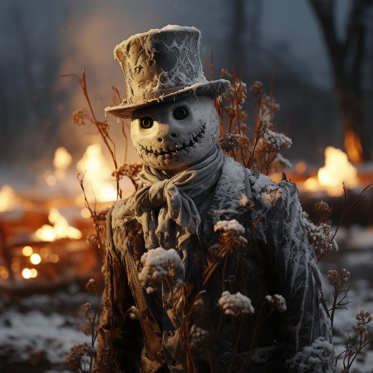 an evil melting snowman in a field of snowdrops, dark background, intricate details, deep of field, 4k, 8к, dramatic ligthing, octane render, fill body ultra detailed photorealistic rendering, style surreal