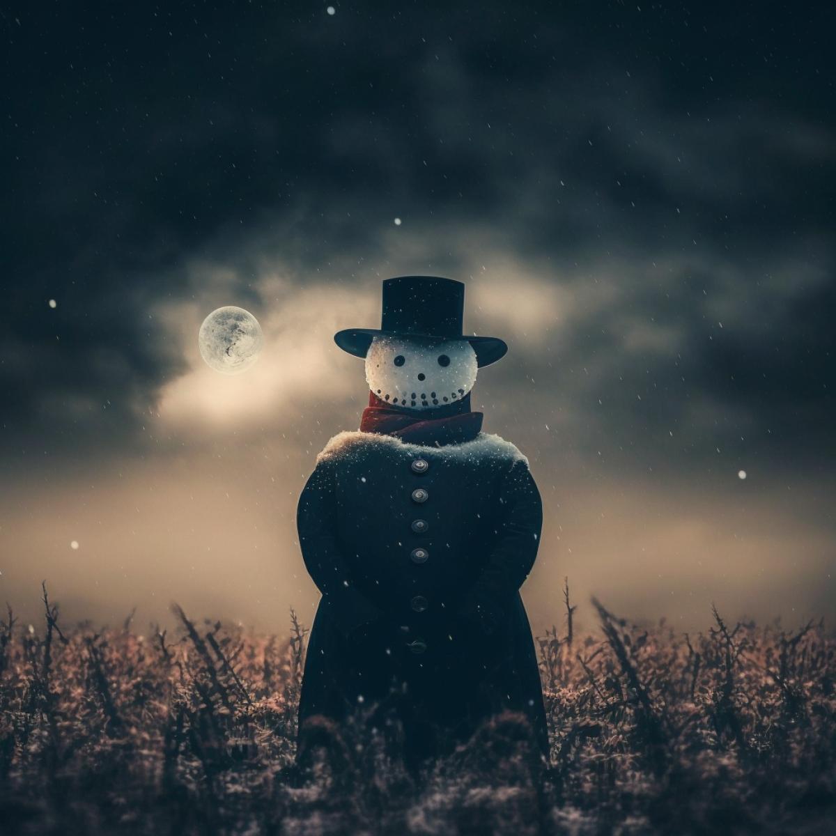 Dark Fantasy Photography, An ominous snowman standing in a snowy field with a foreboding and dark atmosphere, Spooky Low Angle Shot, Shallow Focus, Eerie Moonlight, Night, Vintage Film Effect, Cinematic