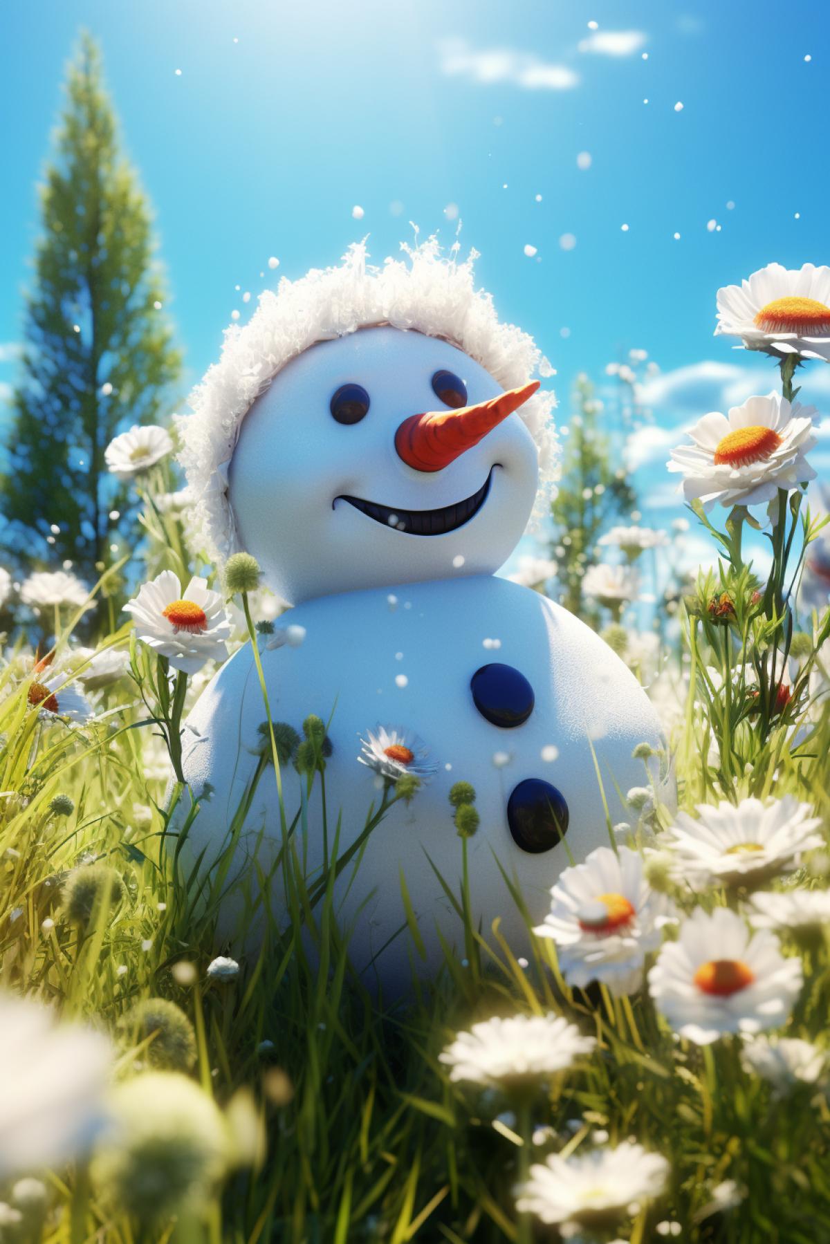 snowman in the flower grass, sunny day, bright, 8K,