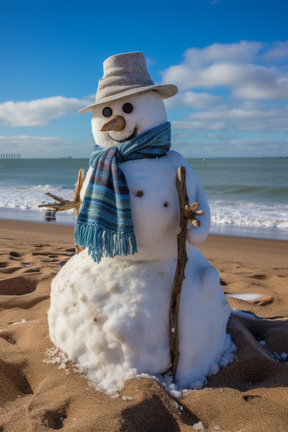 huge snowman on on beach with blue hat and patterned scarf next to high waves, dramatic blue sky ::9, in morning hours, long shades , hyper detailed, real photography, 8k , HD