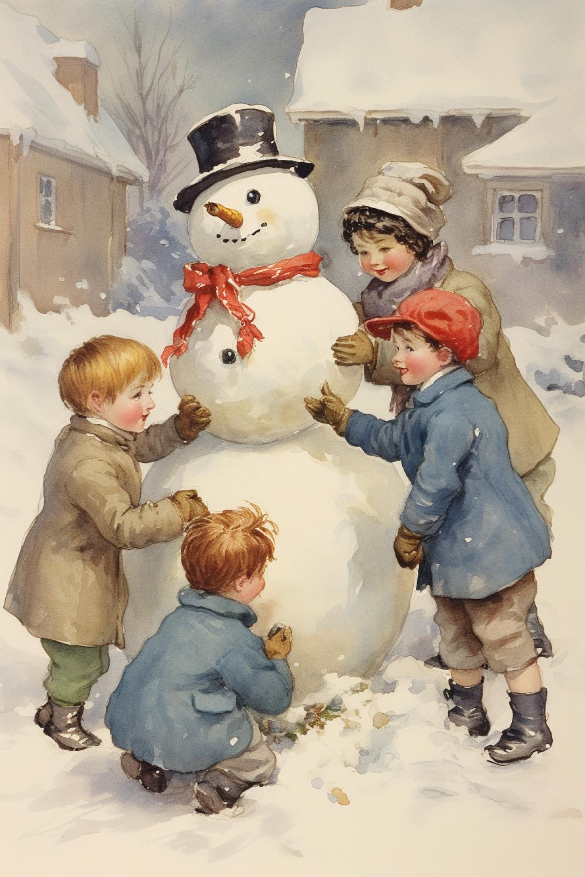 Christmas Art. Wholesome. Children building a snowman by E. H. Shepard