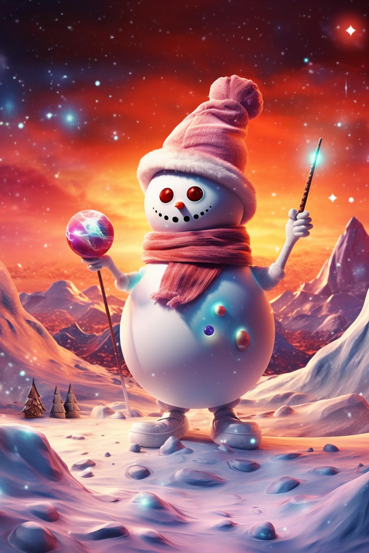alien snowman on exoplanet, vibrant colorful snow, exoplanet fantasy background