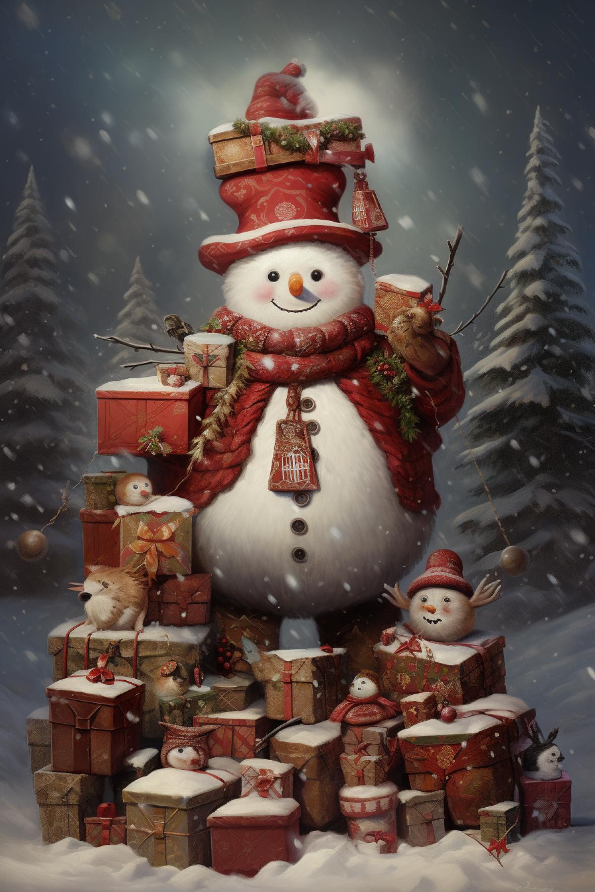 snowman as Santa Claus with loads of gifts