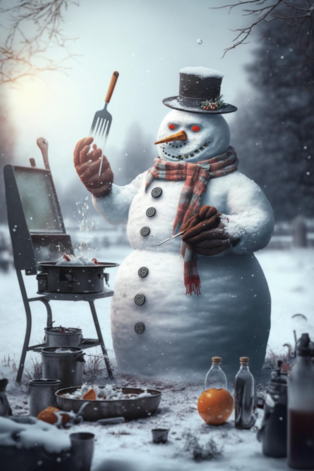 snowman preparing barbecue in backyard