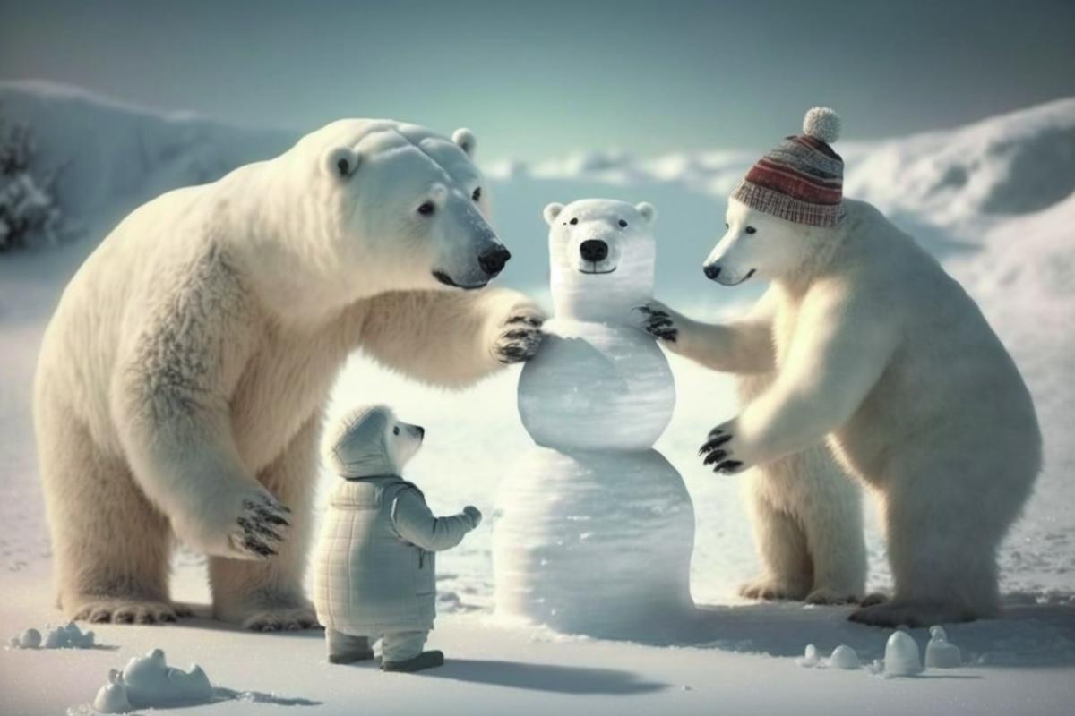 polar bears making a snowman at the North Pole