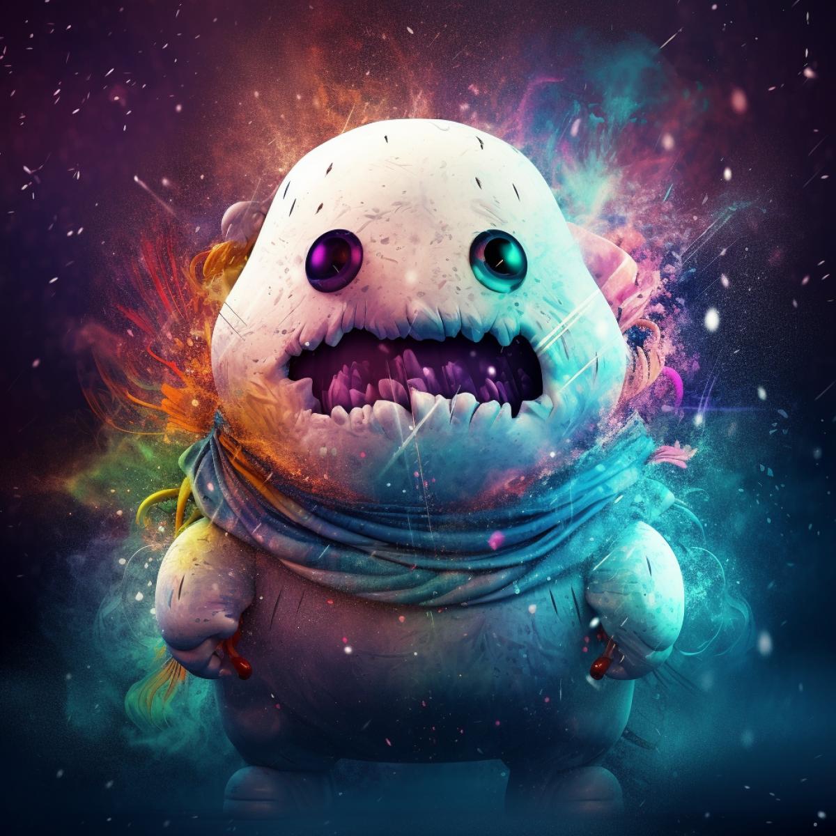 snowman monster, space, another dimension, mystery, flicker, glare, bright saturated colors
