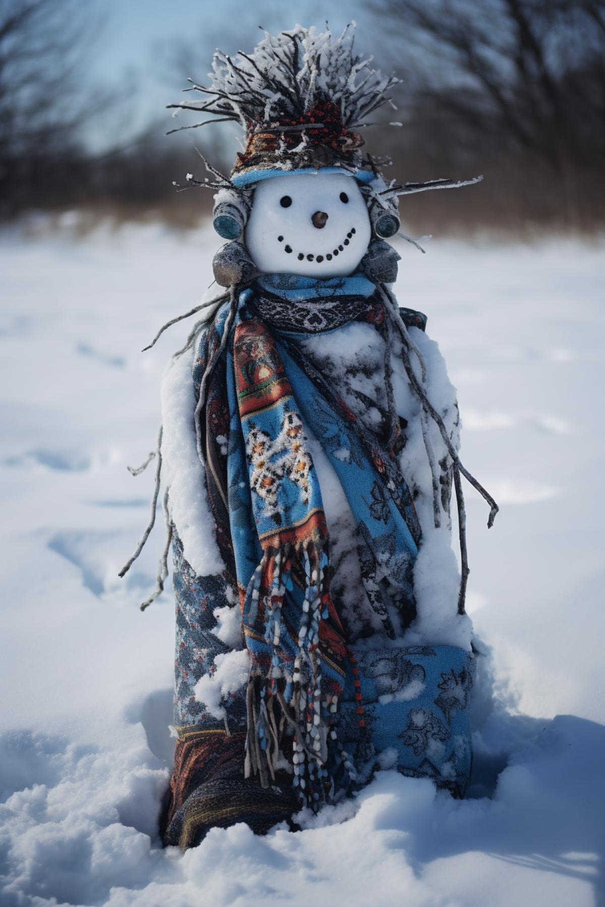snowman wearing the scarf of a woman with a headdress on top of snow, in the style of emotive fields of color, performance art, cultural documentation, made of cheese, indigenous culture, site-specific, tupinipunk