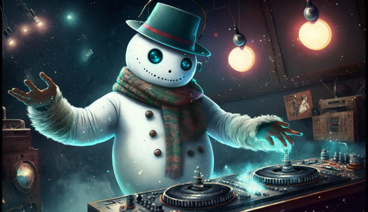 Snowman DJ at a space disco
