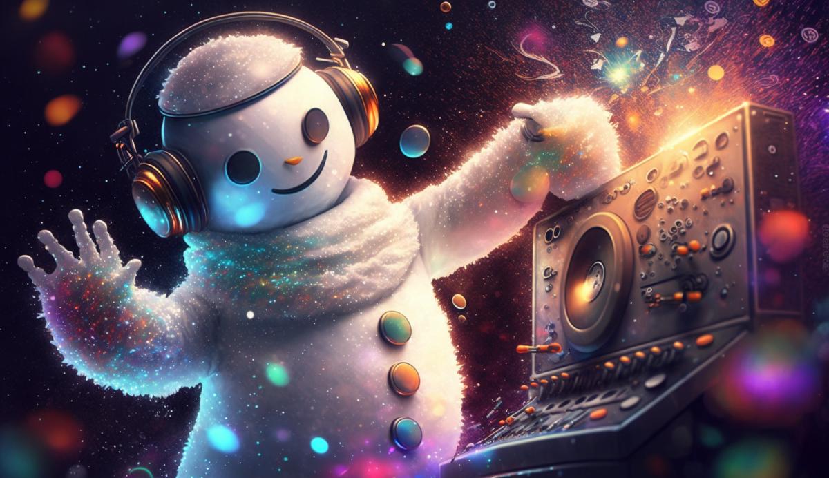 Snowman DJ at a space disco