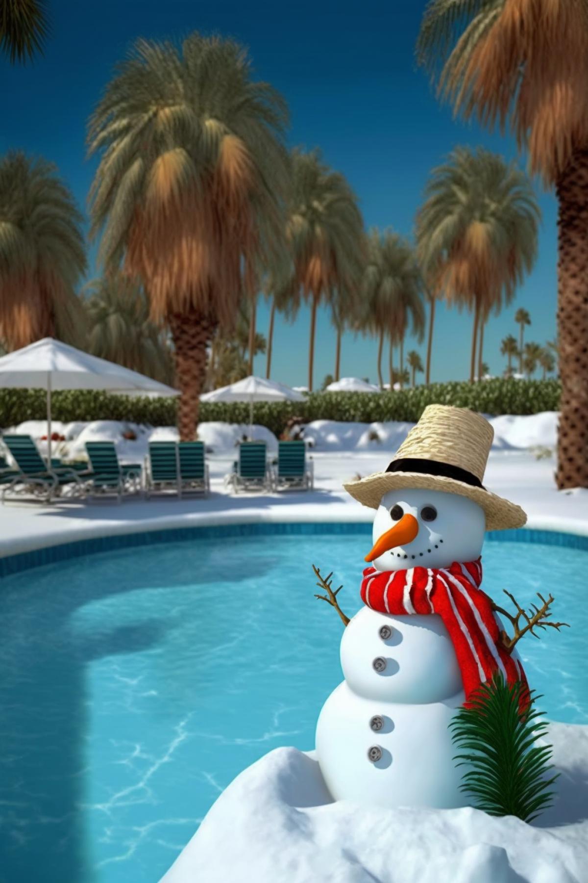 snowman in the pool under the palm trees with a tropicalrockettail