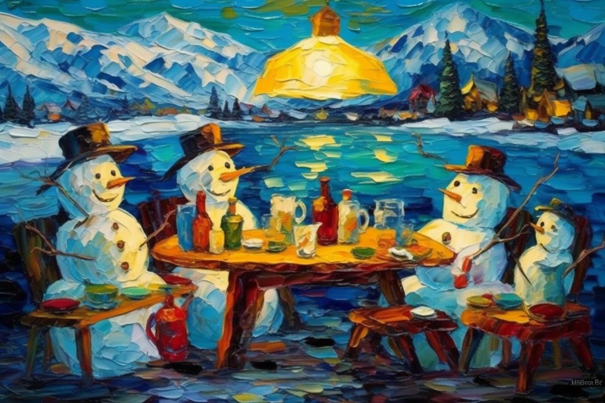 Snowmen party in Van Gogh style