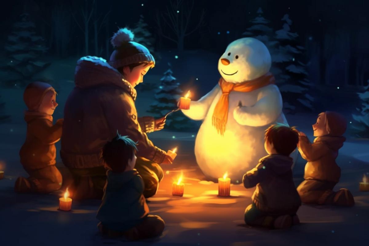 Father snowman gives gifts to children snowmen holiday joy