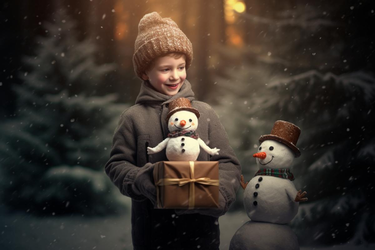 Father snowman gives gifts to children snowmen holiday joy