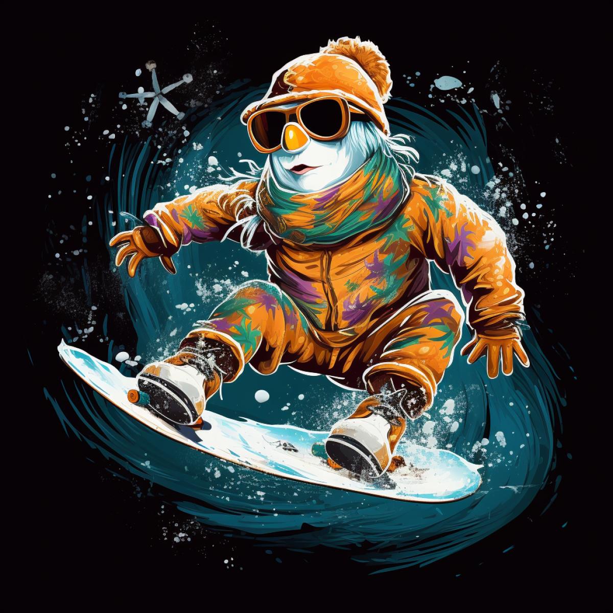 Gambling snowman on a snowboard. Style New Year card.