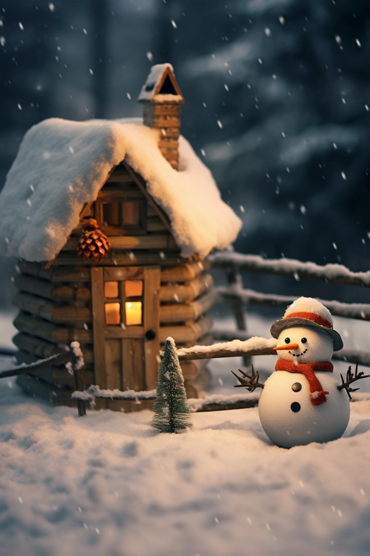 A little cute snowman stands near a small hut
