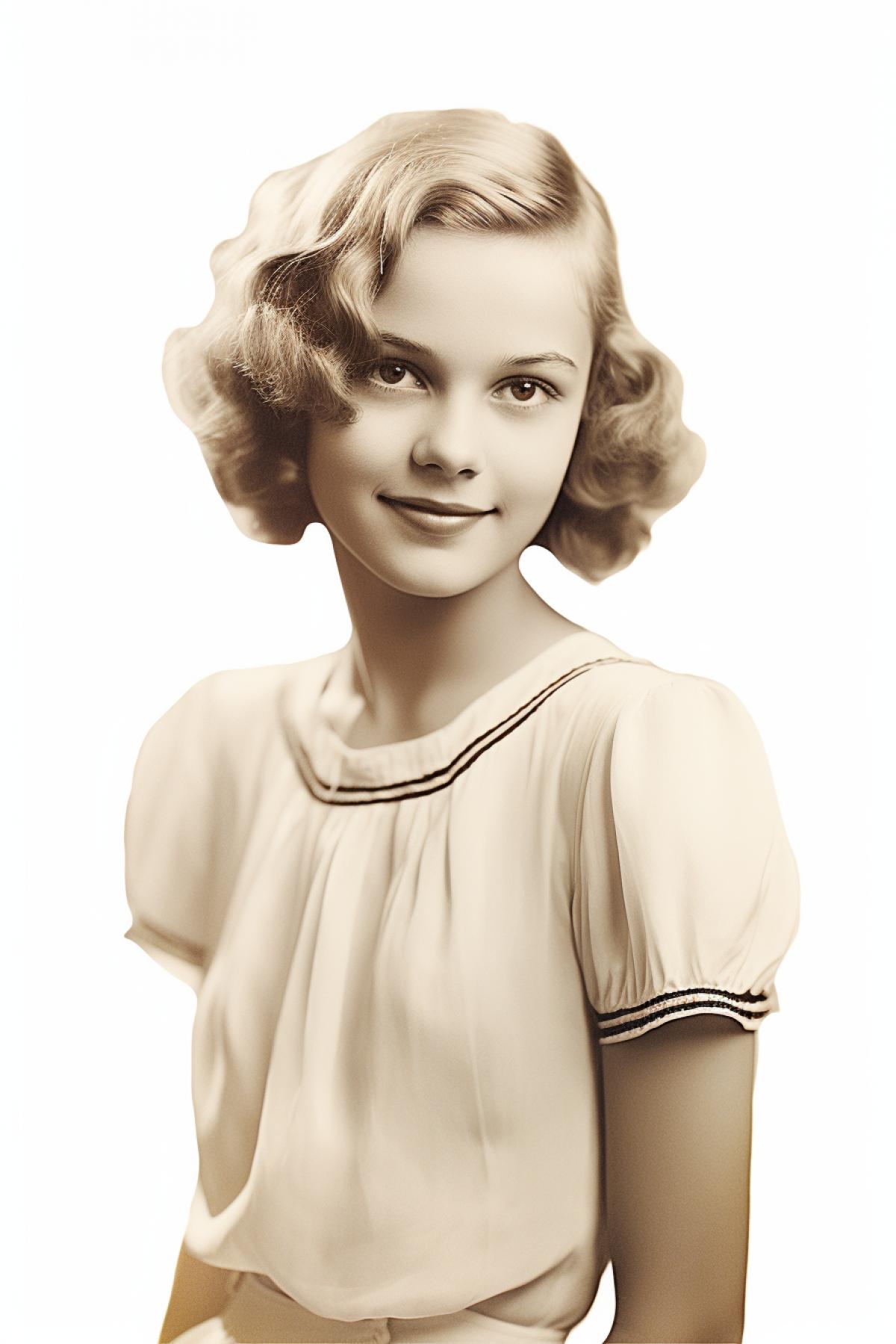 Vintage portrait photo, girl 18 years old, smiling, to cut out, white background
