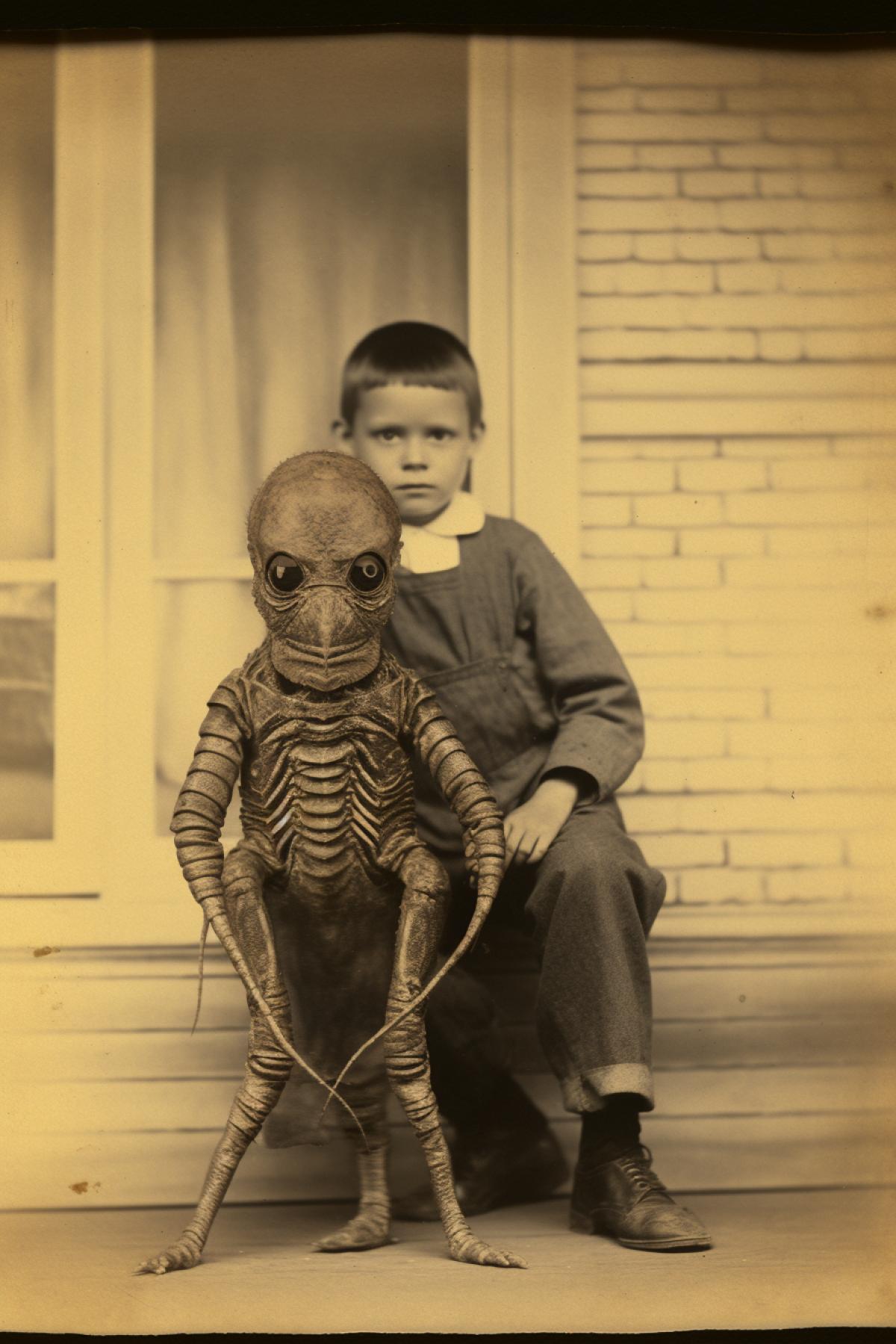 vintage photo of a child with his pet xenomorph alien, 1800s, horror, gritty