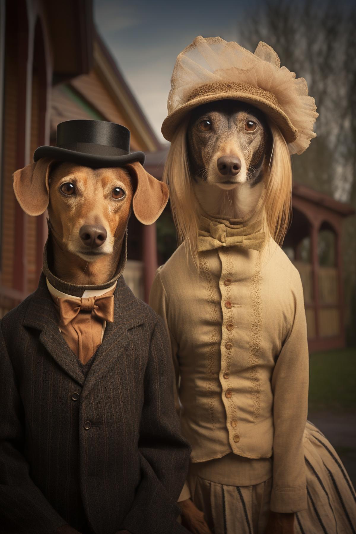 couple of dogs standing next to each other, a portrait, inspired by Grant Wood, shutterstock contest winner, american gothic style, wearing victorian rags, adrian borda, dachshund, vintage photo, suburban, portrait