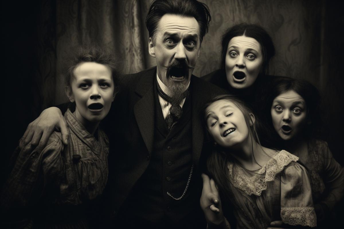 raw photo, family portrait goes wrong! family with children and father laughing, in the style of surrealistic distortion, use of vintage imagery, flickr, tintype, visual kei, southern gothic, strong facial expression, hyperbolic expression, photorealism