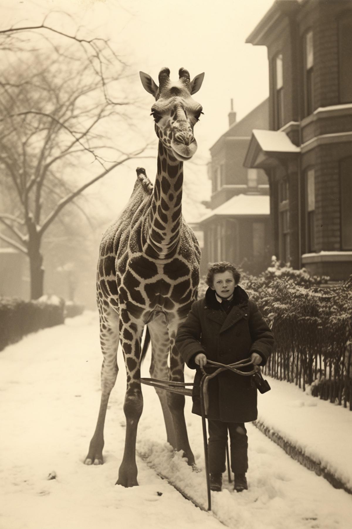 vintage photo of a giraffe sledding on a wintry day