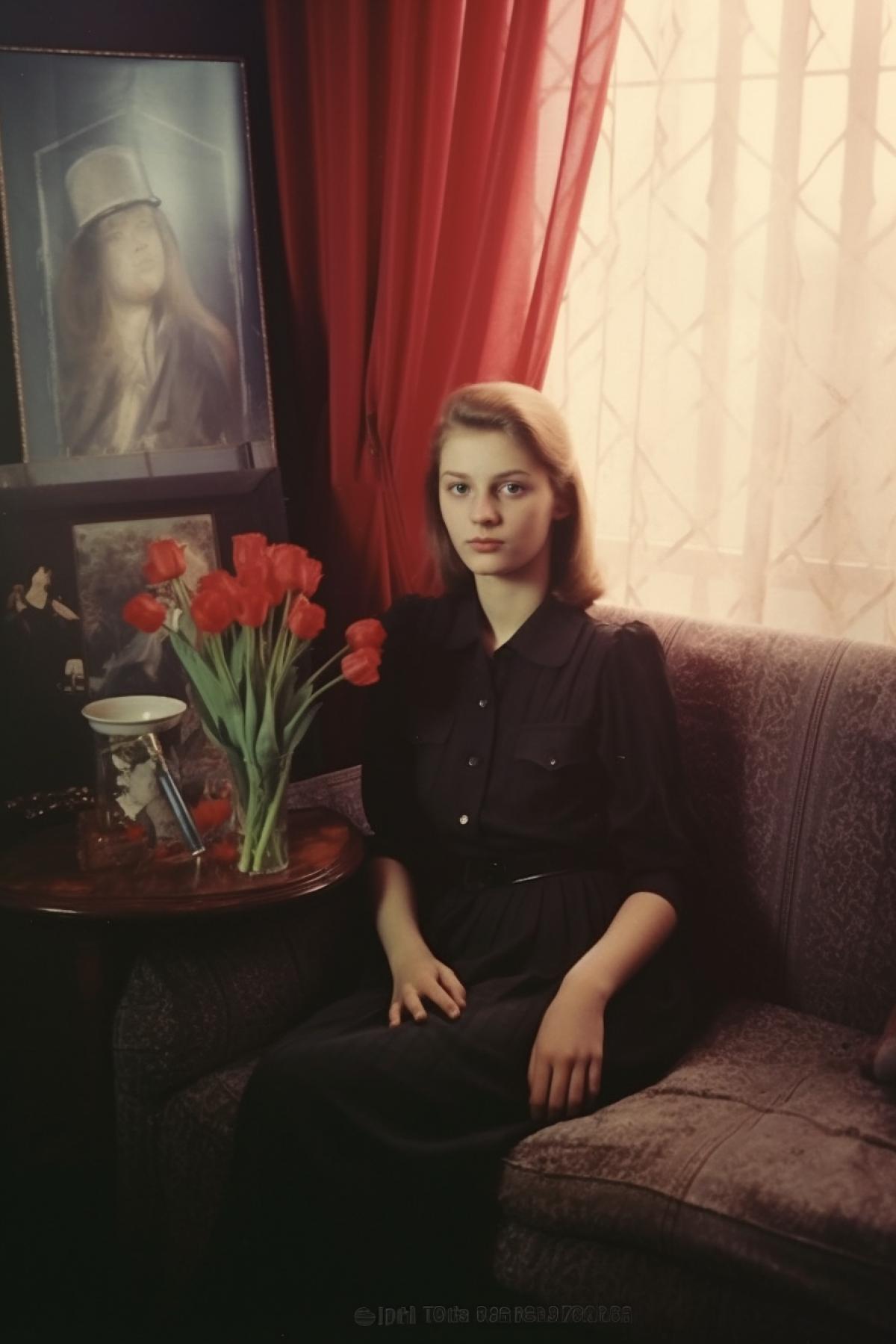 Beautiful teenage girl, Soviet union living room, 1991, polaroid photo, early spring season, nostalgia, hopeful mood, socialistic attributes, vintage atmosphere