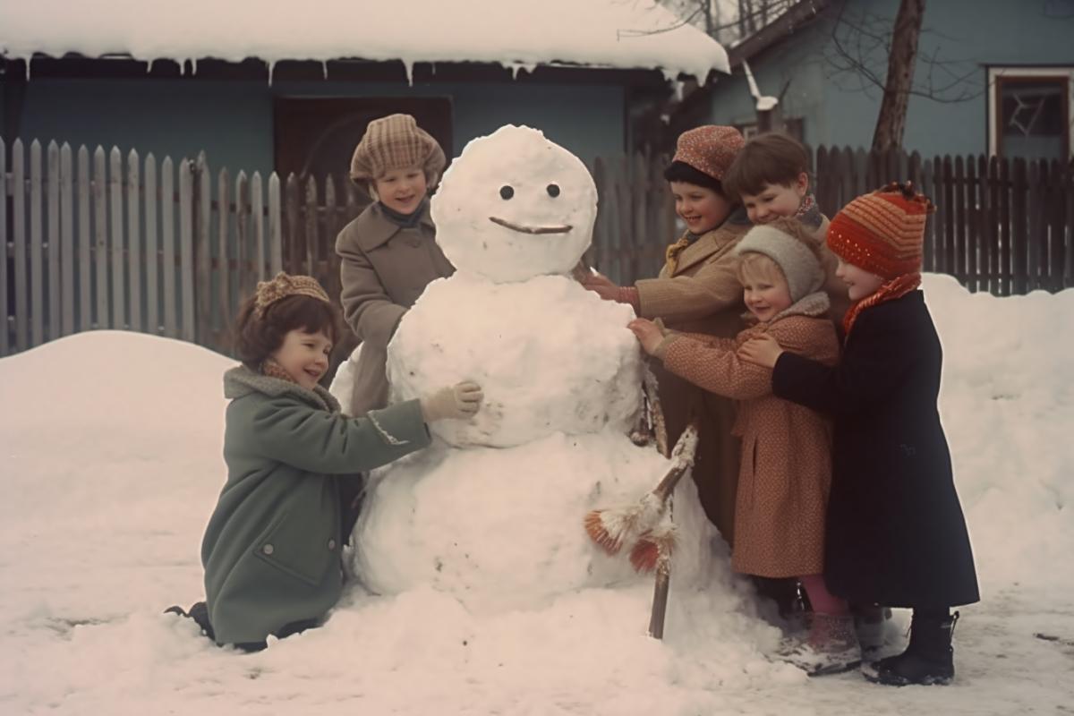 Vintage photo, children making a snowman in the USSR