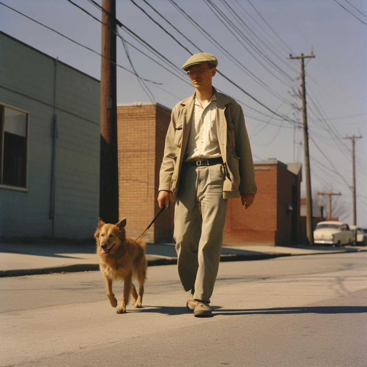 man wearing baseball cap walking his dog, full body, vintage photograph, fujicolor film