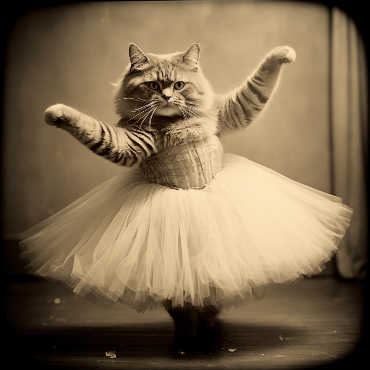 fat cat dancing as ballerina, vintage, grainy photo
