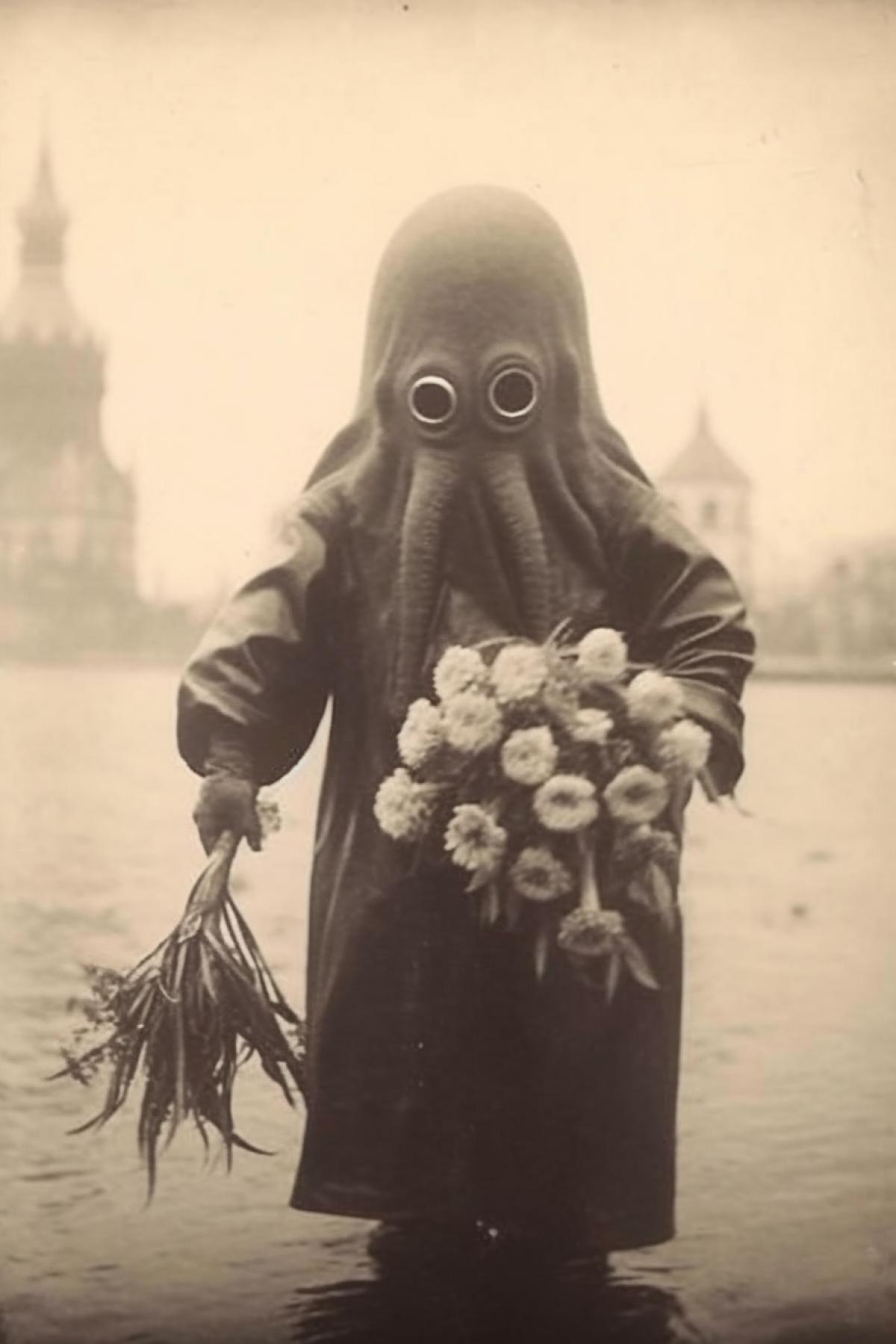 Vintage photo, a sad octopus in a coat is sad in Leningrad in the USSR