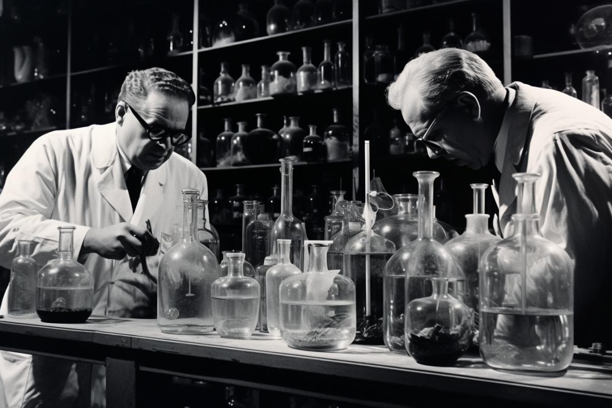 Vintage photo, chemists in the laboratory doing chemicals, flasks, glinstruments