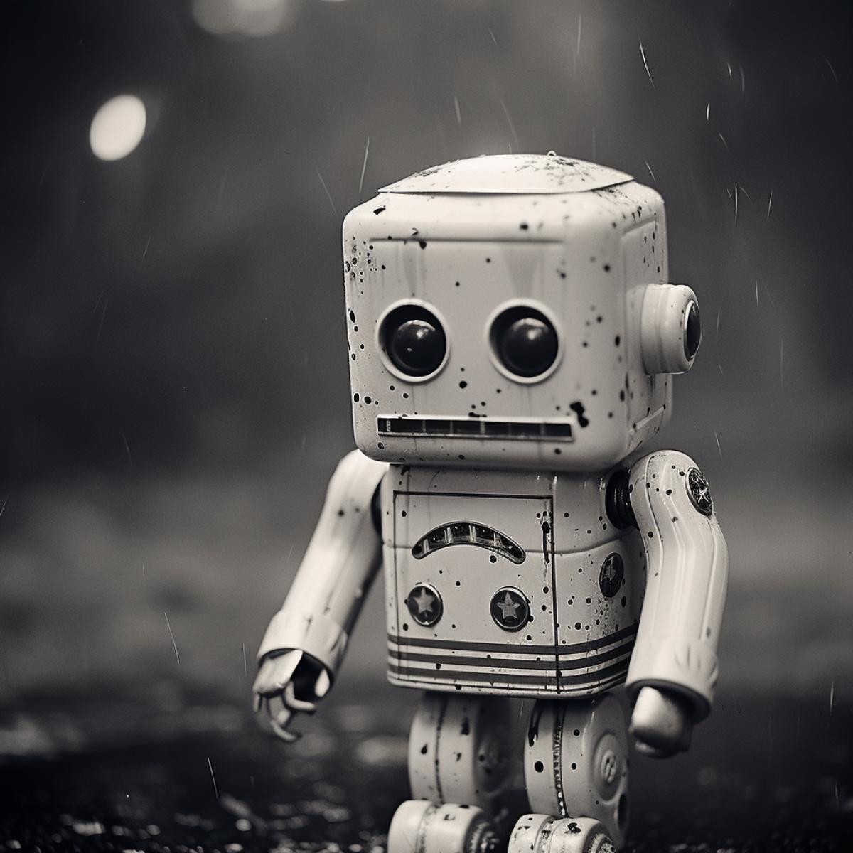 Vintage photograph’s from the 1950s of a crying vintage toy robot astronaut, dark-and-white photograph