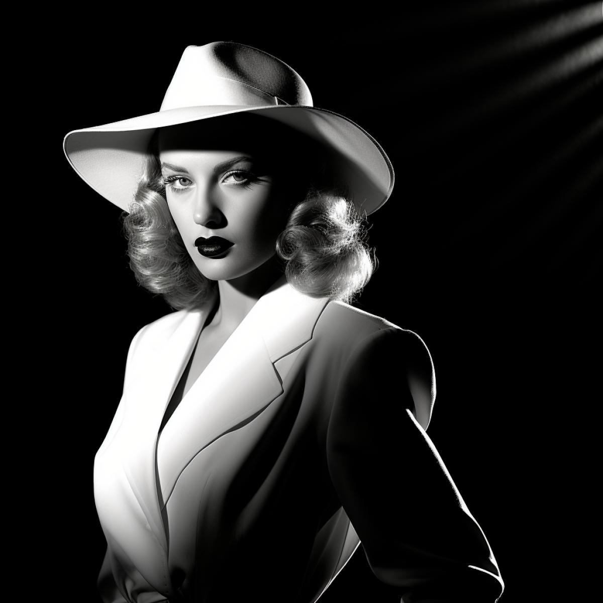 film noir movie still of hardboiled femme fatale highly detailed ultra realistic darkness high contrast vintage dark and white photo