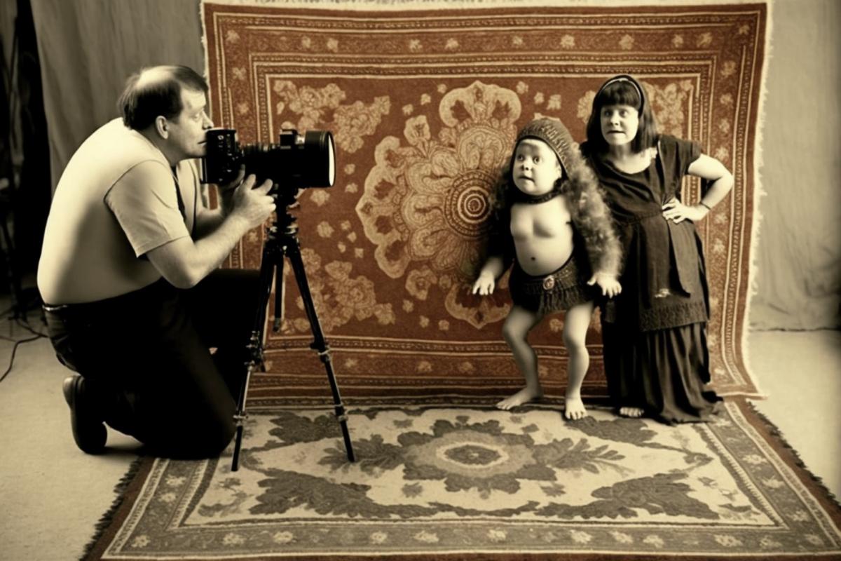 Australopithecus photographing a family in front of a carpet. Vintage photography.