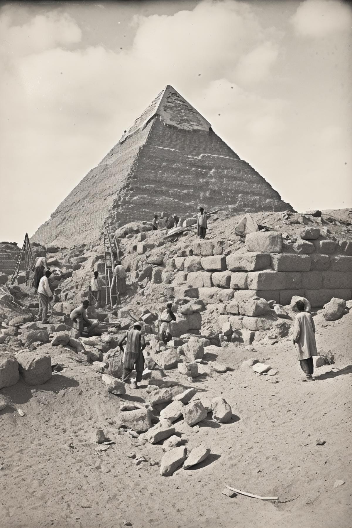 Vintage photo of hundred ancient tired exhausted 4ks the Egyptian pyramids building process