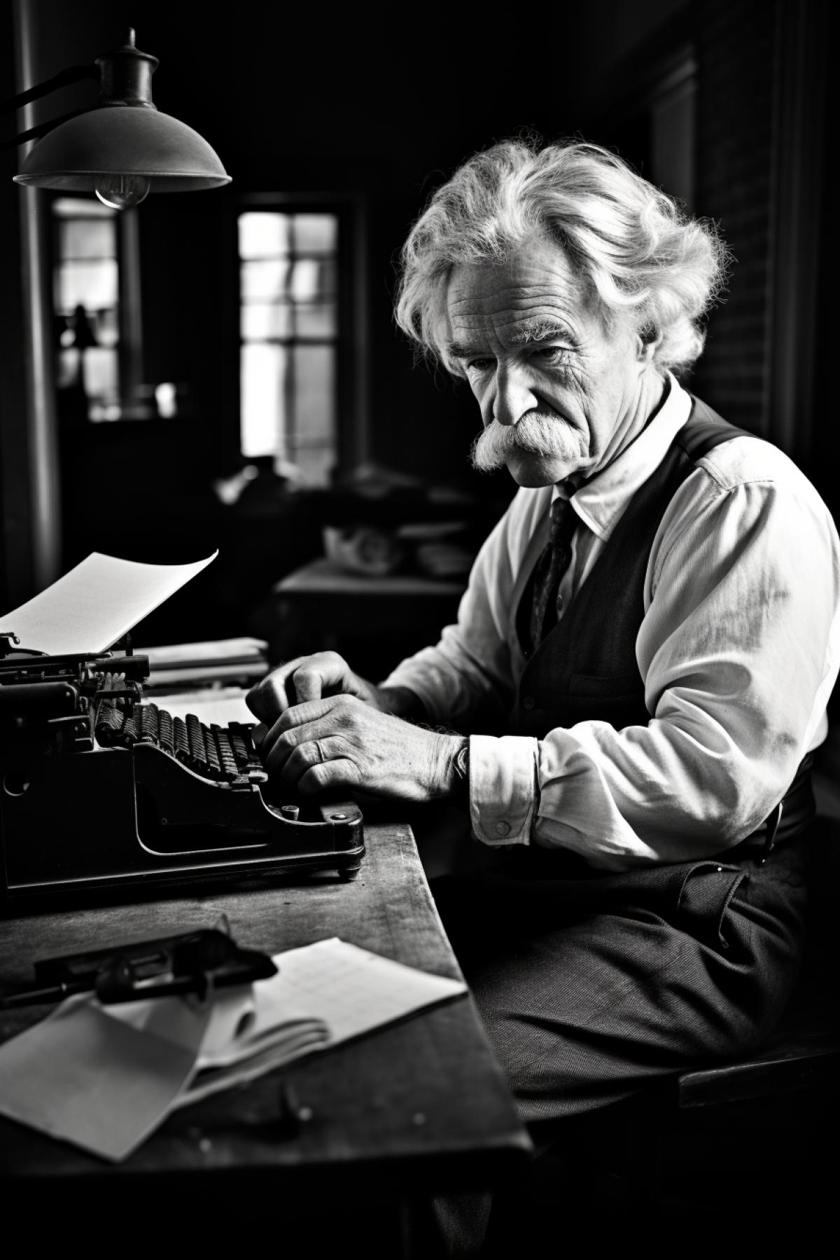 Mark twain typing new novel using the Remington type-writer vintage photo style