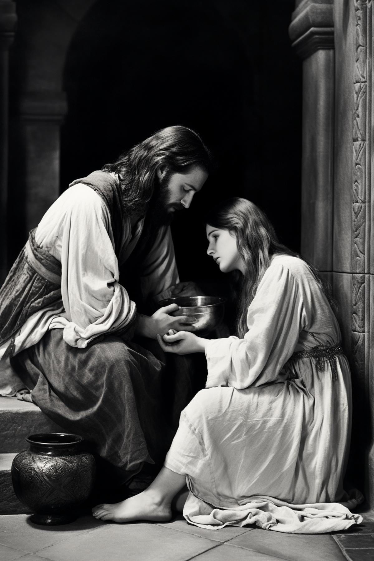 A beautiful sinful woman brought alabaster jar of perfume and stood behind Jesus Christ at his feet, crying. She began to wash his feet with her tears, and she dried feet with her hair, kissing feet many times and rubbing feet with the perfume style of vintage dark-and-white photo