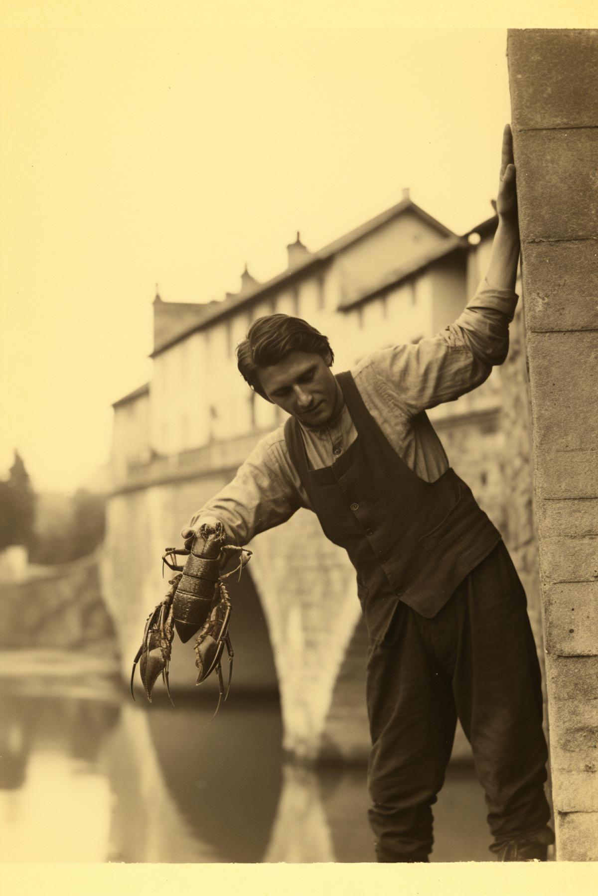 Ancient greek guy on the bridge catching big crayfish with hands vintage photo