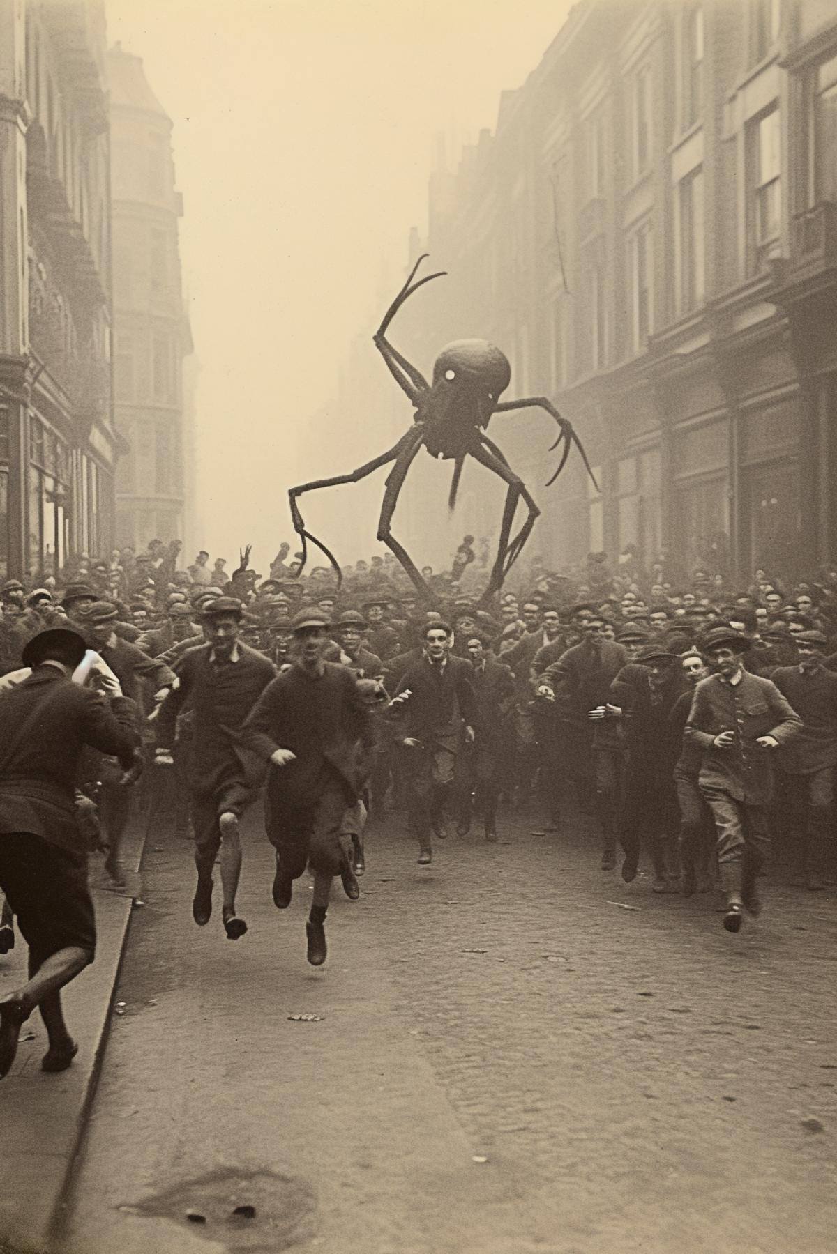 Vintage photo of people running in panic from tripod Martian giant invaders aggressive from Mars in London 1915 war of the worlds panic horror vintage old photo