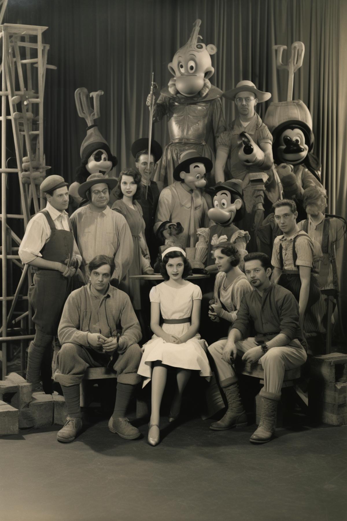 Casting of snowwhite and dwarfs in Disney studio 1930 vintage dark-and-white photo