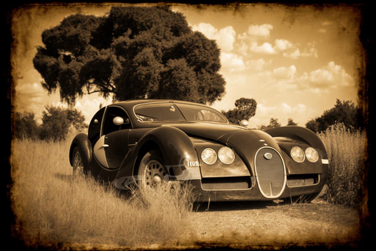 vintage photo of a 2008 Bugatti Veyron, sepia, very old crumpled photo