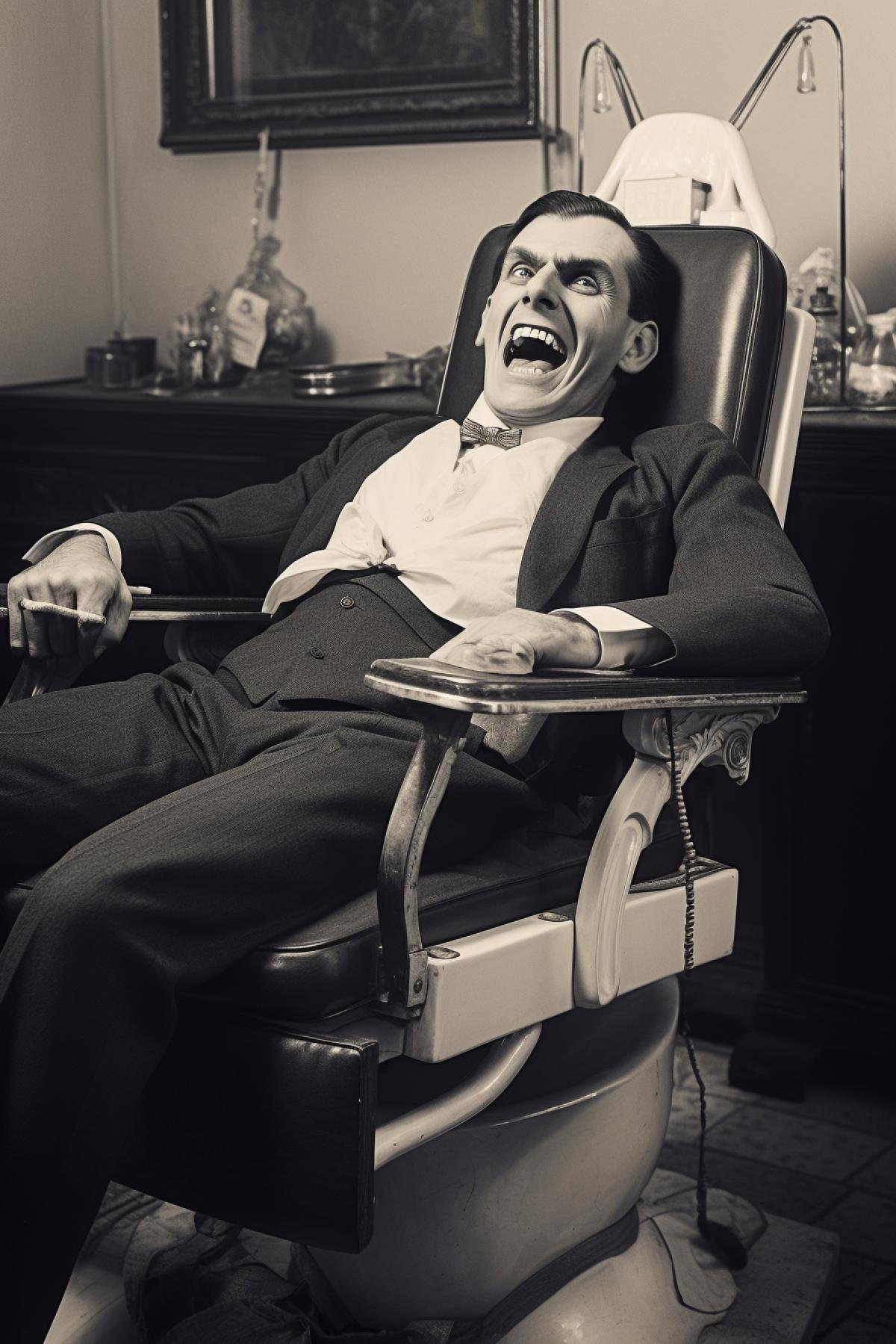 Vintage photo of Dracula vampire teeth at the dentists chair