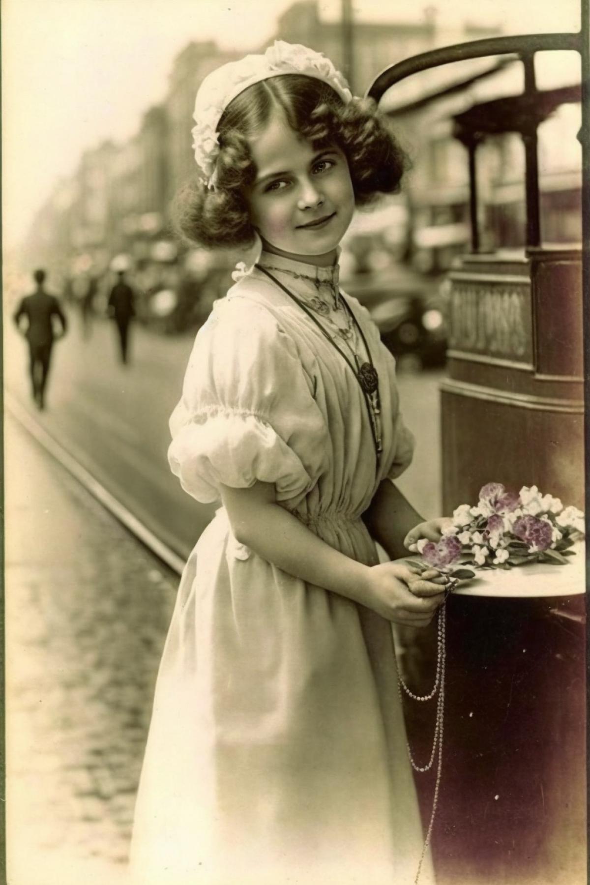 A young beautiful woman pours oil on the tram tracks. Moscow early twentieth century. Vintage photo.
