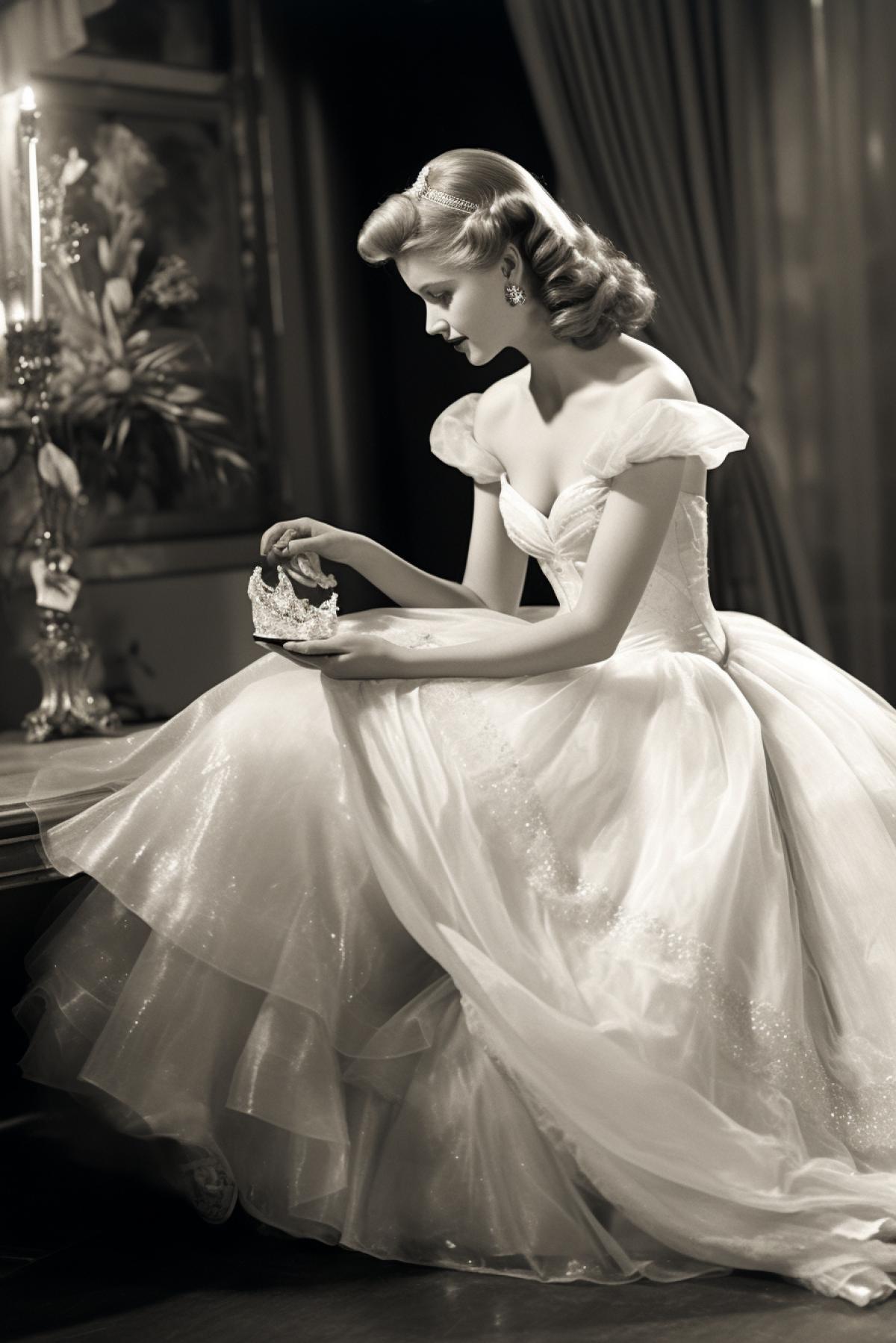 Vintage photo of Cinderella holding crystal slipper in hand going to put it on.
