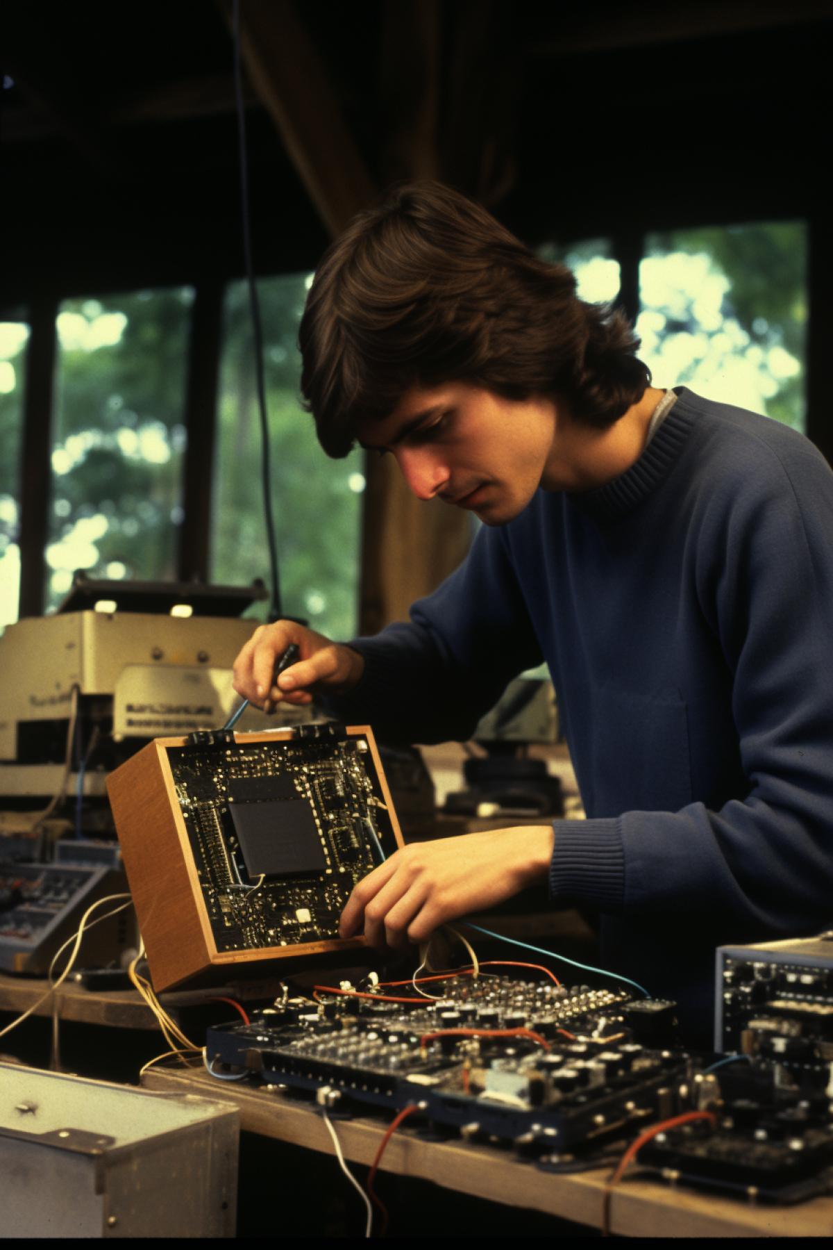 Young Steve Jobs making his first computer of wooden details on his workshop ironic vintage photo