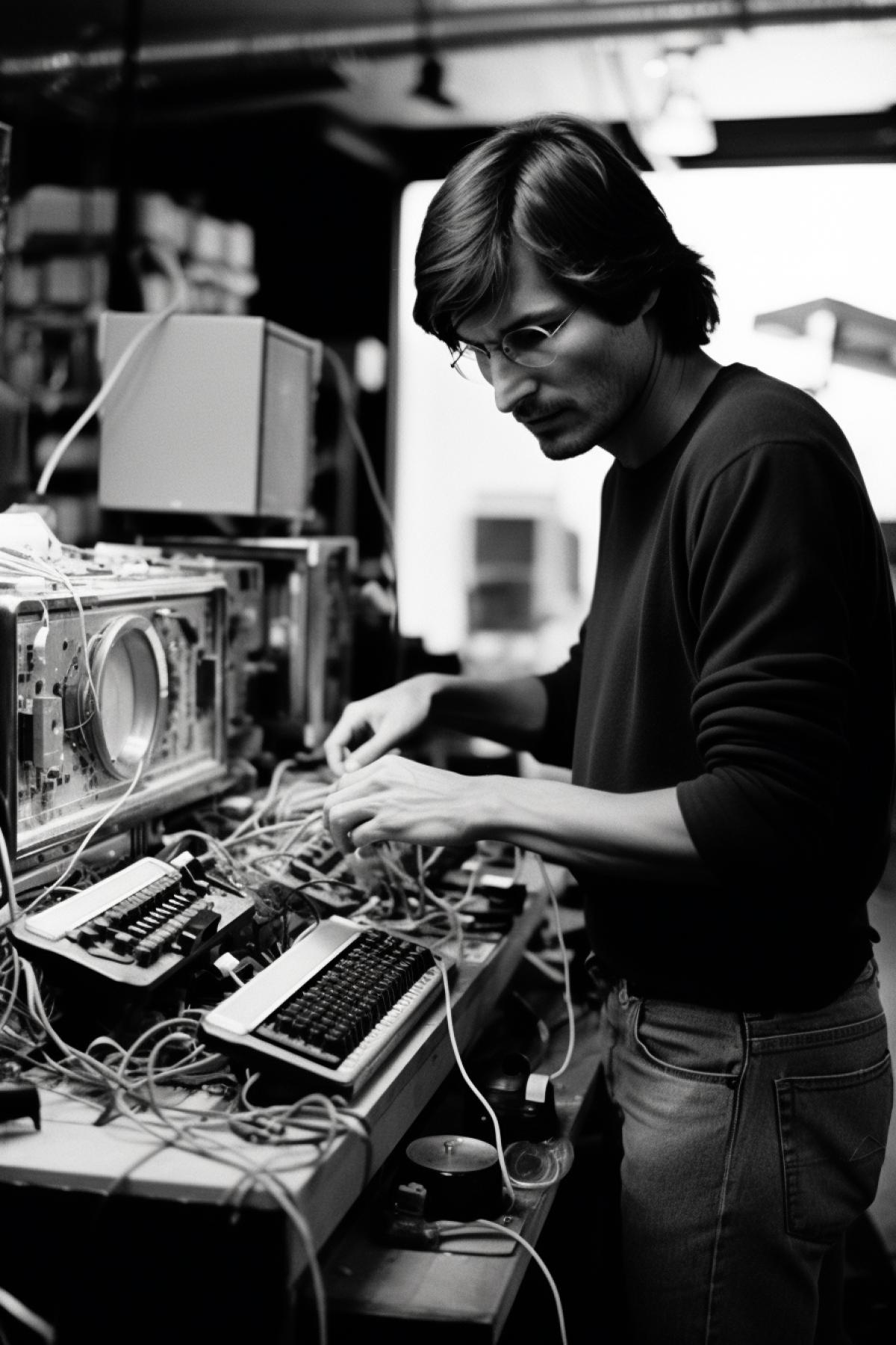 Young Steve Jobs making his first computer of wooden details on his workshop ironic vintage photo