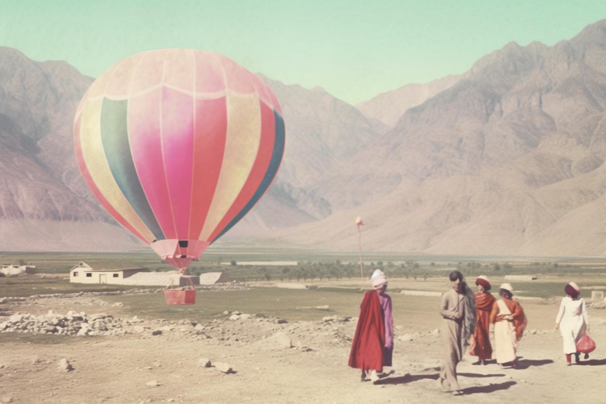Vintage photo, great hot air balloon trip in the mountains