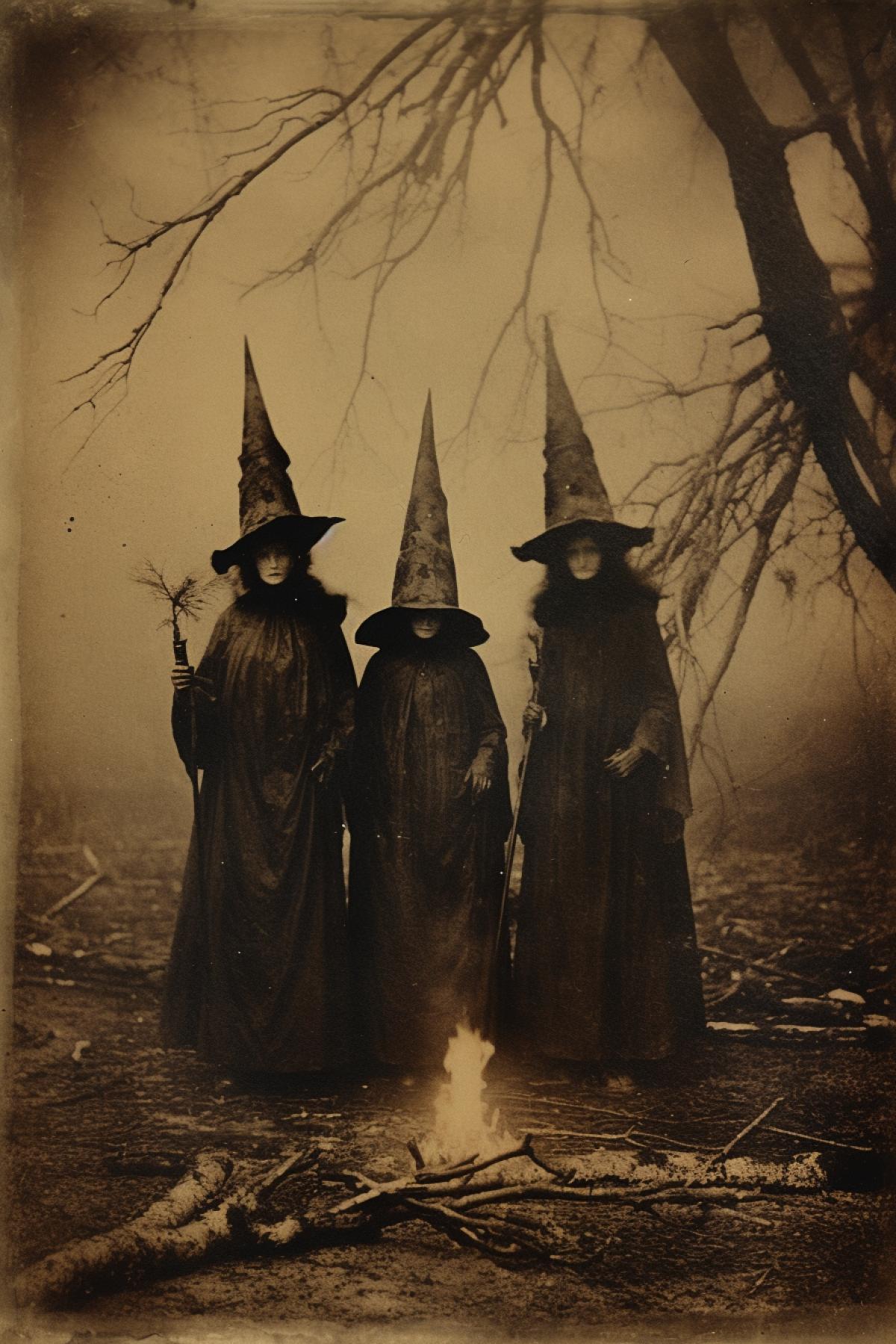 Victorian witches, mystical, Calotype print