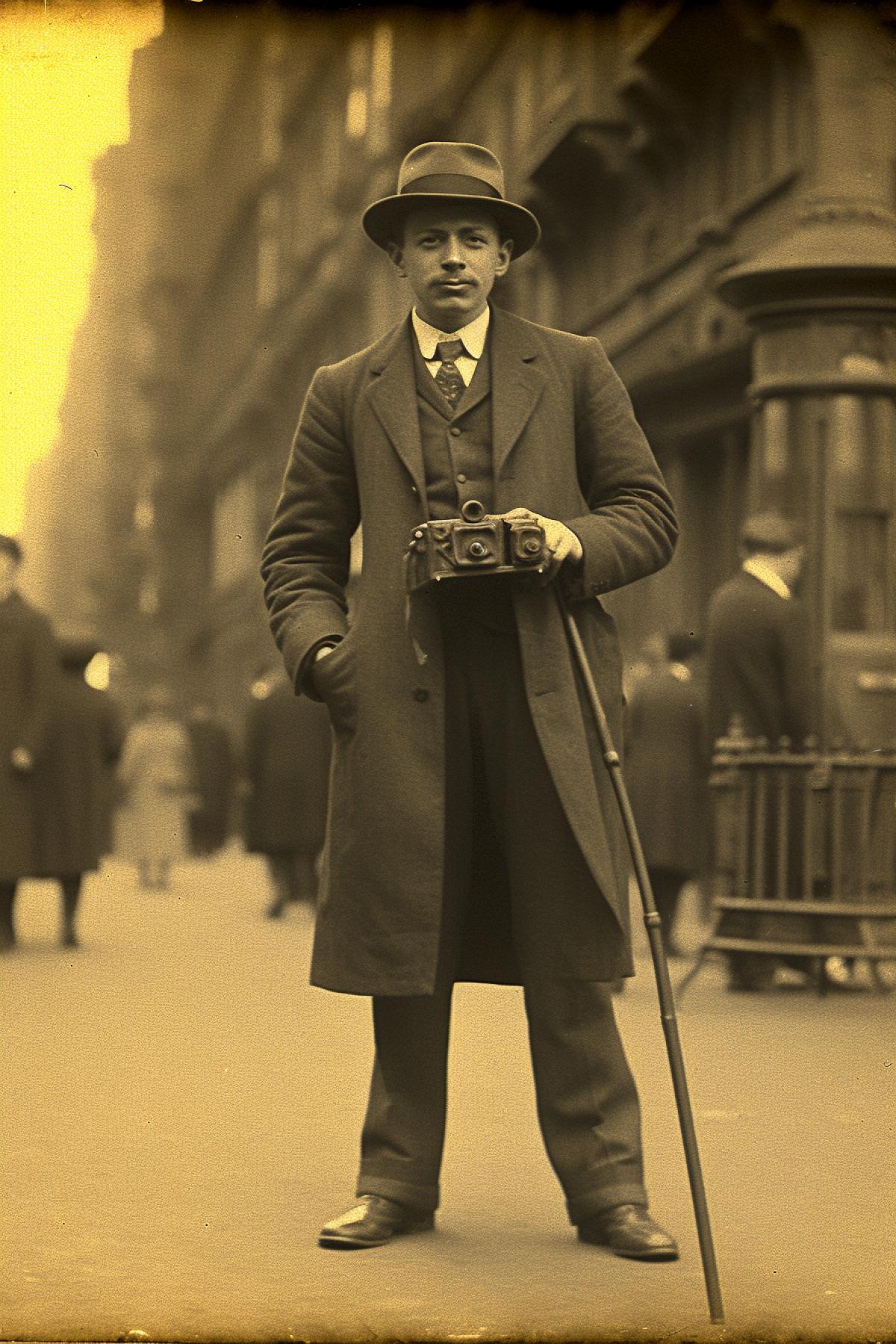 Vintage dark and white photograph of a street photographer from the early 20th century